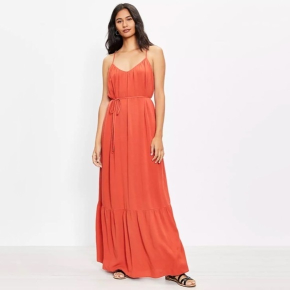 NWT Loft Plus Size Strappy Tie Back Flounced Hem Maxi Dress In Rust Orange - Picture 1 of 5